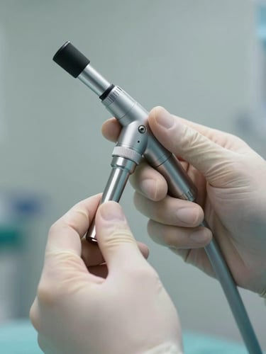Close-up of a surgeon's hands holding a high-precision endoscope, soft clinical lighting, focus on the metallic instrument and steady fingers, professional Italian hospital setting.