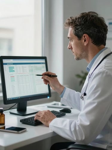 Inquadratura ravvicinata di un medico europeo di profilo che analizza grafici di dati clinici su uno schermo in un ambulatorio privato, luce naturale filtrata dalla finestra.