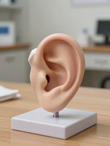 Anatomical model of the human ear on a wooden desk in a quiet Italian medical office, soft side lighting highlighting the intricate internal structures, clean clinical setting.