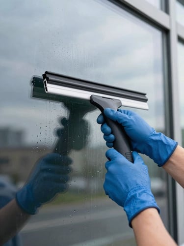Close-up documentary shot, hands in blue work gloves pressing a professional squeegee across a wide glass facade, natural overcast daylight, water beading on the surface, building reflection visible in the glass