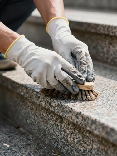 Hands in work gloves scrubbing a rough stone staircase step under bright north-facing daylight, close-up showing texture detail of wet granite, cleaning brush visible, documentary style