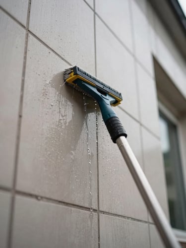 Close-up of a professional cleaning tool pressed against a tiled building facade, natural overcast daylight, water running across the surface, grime and clean zones visible side by side, documentary framing