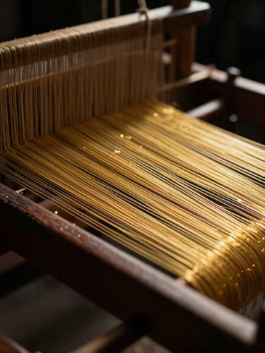 Extreme close-up macro photography of raw golden silk threads on a traditional wooden loom, warm light catching the metallic fibers, dark atmospheric background, high contrast.