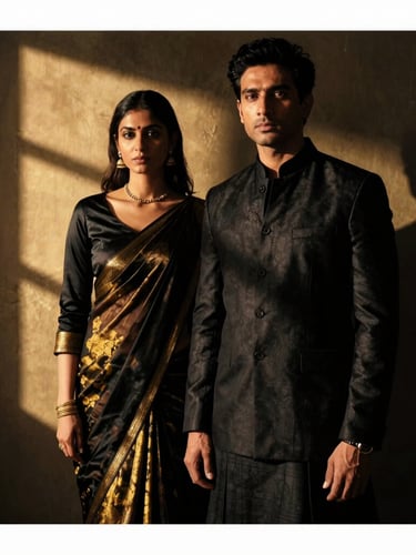 Editorial fashion campaign portrait of a sophisticated Assamese man and woman in structured, contemporary Muga silk garments. Low-key dramatic cinematic lighting with high contrast, deep shadows, and rich golden-hour window shafts. Matte black and heritage gold color grading, medium format film aesthetic.