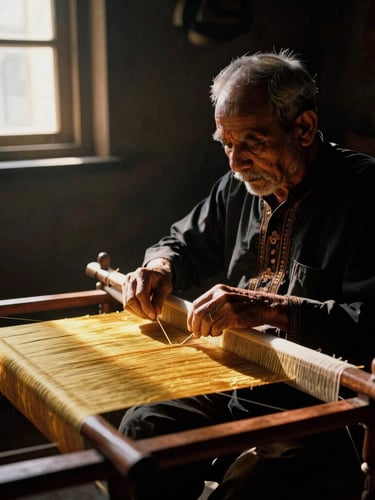 An elderly Assamese master artisan working on a traditional wooden handloom in a dimly lit atelier, a single shaft of golden window light illuminating the golden silk threads.