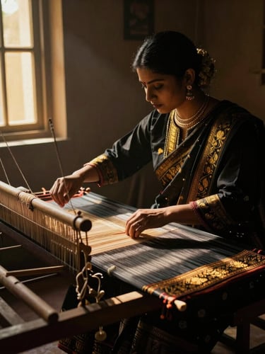 Sophisticated Assamese artisan weaving contemporary Muga silk garments inside a dimly lit heritage atelier, golden-hour window shafts illuminating the loom, cinematic fashion photography.