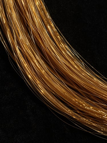 Extreme close-up of raw golden silk threads shimmering in low-key dramatic cinematic lighting, rich matte black background, high-contrast, medium format film.