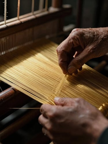 Extreme close-up of weathered hands guiding golden silk threads on a dark wooden loom, dramatic shafts of warm window light, high contrast, rich textures of raw silk.