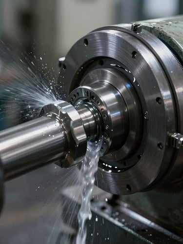 Extreme close-up of an industrial grinding machine cutting a steel crankshaft journal, coolant fluid spraying, high-contrast workshop lighting, cool metallic tones, sharp details.