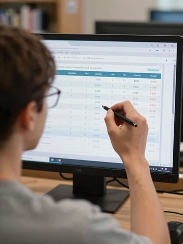 Over-the-shoulder shot of a focused student analyzing digital test analytics on a screen in a cool-lit library, sharp graphics, no stock smiles.