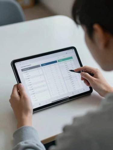 Minimalist over-the-shoulder shot of a student analyzing a clean digital test interface with score charts on a tablet, focused library lighting, cool tones.
