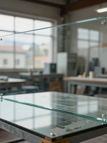 Primer plano de un panel de vidrio templado grueso con bordes perfectamente pulidos y brillantes, reflejo de luz natural en un taller limpio de Bogotá.