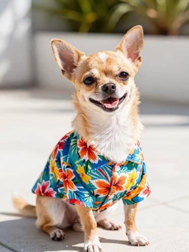A happy small chihuahua wearing a colorful floral Hawaiian pet shirt, sitting on a bright sunny patio, cheerful saturated tones, shallow depth of field, 35mm
