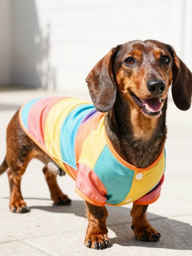 A cheerful Dachshund wearing a perfectly fitted custom colorful summer shirt, standing proudly on a sunny patio, bright high-key pet photography, 35mm