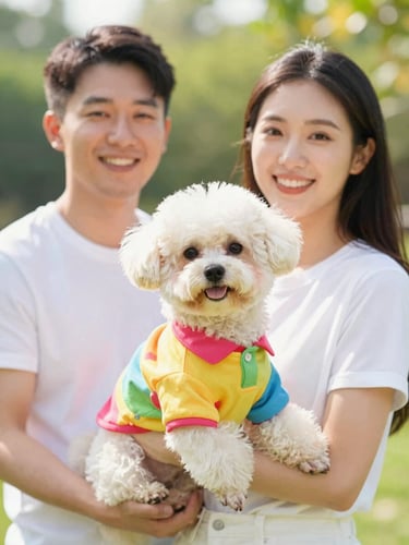 A cheerful family in a sunlit garden holding a small dog wearing a vibrant, colorful handmade shirt, bright high-key pet photography, shallow depth of field