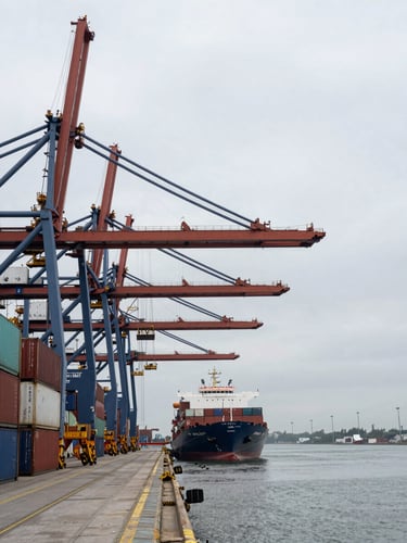 Wide environmental shot of a working container port at overcast midday, cranes and stacked containers extending into the left frame, a single vessel loading at berth in the middle distance, grey industrial sky above, no people visible—framed from ground level looking along the quayside to emphasize operational scale
