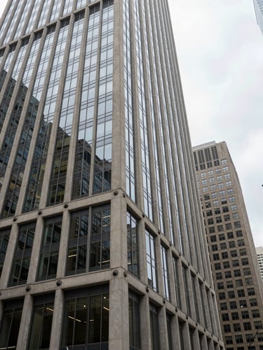 Architect's elevation angle looking up the corner of a glass-and-concrete office tower in an urban financial district, overcast daylight, structural steel joints visible at close range, no people, developed-market cityscape receding below