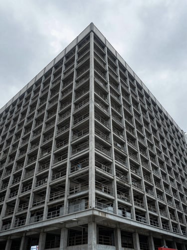 Wide architectural elevation angle looking up the face of a concrete and steel logistics hub under flat overcast daylight, structural grid lines converging toward a grey sky, no figures, Hong Kong industrial port district visible at the base