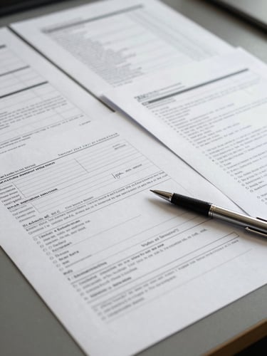 Close-up studio fluorescent shot of transaction documents spread across a dealing-room table—term sheets, annotated financial schedules, a pen resting on a signature page—architectural precision framing, no faces, institutional office context