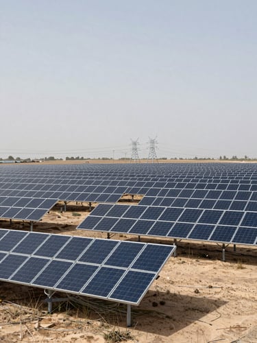 Wide environmental shot at architect's elevation angle of a large solar farm stretching across flat terrain in an arid developed-market landscape, overcast midday light casting even tones across the photovoltaic arrays, transmission infrastructure visible at the horizon, no people, no branding