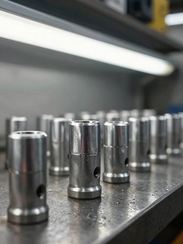 Close-up tight shot of a row of hot-forged chrome-vanadium sockets on a steel workbench, ambient shop fluorescent light from above, showing forging seam lines and hex socket openings — no staging