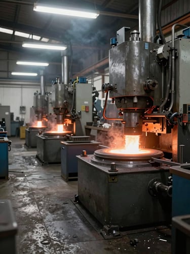 Wide interior shot of a hot-forging shop floor, glowing forging press in the right third, heavy steel machinery under overhead fluorescent lighting, ambient heat haze visible, concrete floor, industrial scale