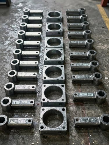 Tight overhead shot of finished hot-forged scaffolding couplers laid out on a concrete floor, forging seams visible, ambient fluorescent factory lighting, industrial documentary framing