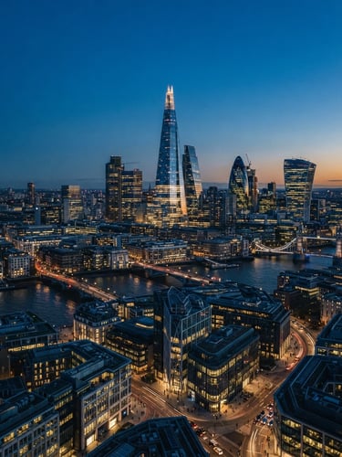 High-angle architectural photography of modern London skyline at blue hour, glass and steel facades, cool tones, 35mm