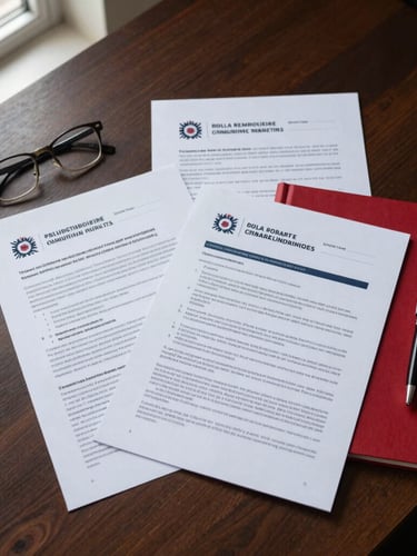 Flat-lay composition of printed policy briefs and strategic reports on a dark wooden desk, reading glasses and a pen beside them, soft side light