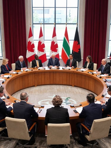 Wide-angle photograph of a high-level diplomatic roundtable in Ottawa, professional daylight, delegates in dark suits seated around a circular wooden table with Canadian and African national flags, editorial documentary style.