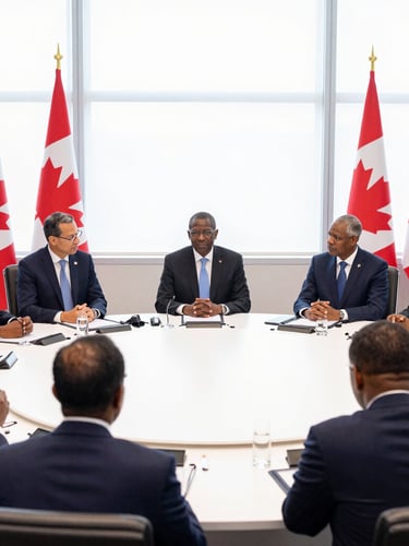 Wide environmental shot of a high-level bilateral diplomatic roundtable, Canadian and African delegates in active dialogue, natural window light, professional setting, 35mm lens