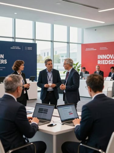 Wide environmental shot of an innovation and investment forum, corporate leaders discussing technology partnerships, clean modern hall, daylight