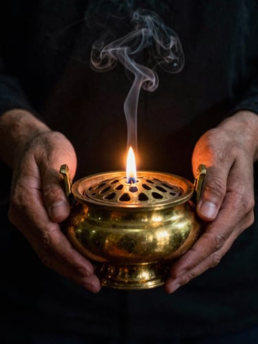 Low-key editorial portrait-aspect shot of hands preparing a heavy brass incense burner, wisps of smoke rising, lit by a single warm candle, deep shadows, rich gold accents, 35mm film grain.