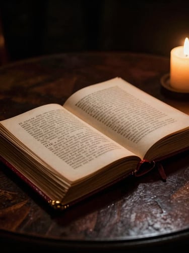 An ancient leather-bound grimoire open on a dark wooden table next to a single beeswax candle, dramatic chiaroscuro lighting, deep shadows
