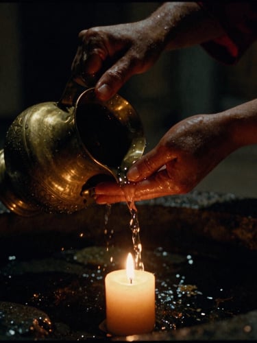 Close-up of hands pouring lustral water from a heavy brass vessel over dark stones, low-key lighting, warm candlelight, deep shadows, editorial 35mm film grain.