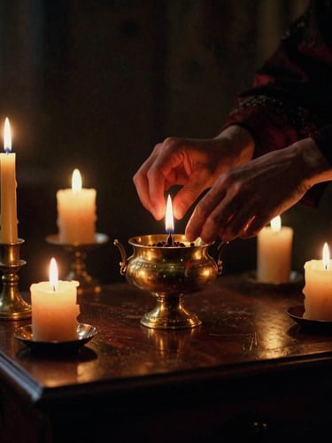 Dramatic chiaroscuro portrait-aspect shot of hands in motion preparing an esoteric ritual, beeswax candles burning softly, a heavy brass incense burner on a dark wooden altar, rich gold accents, 35mm film grain.