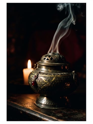 Macro shot of a heavy brass incense burner with smoke rising in dark chiaroscuro candlelight, rich gold accents, 35mm film grain