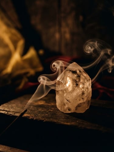 Macro shot of natural incense smoke curling around a raw quartz crystal, dramatic chiaroscuro candlelight, deep shadows, gold and crimson accents, 35mm film grain.