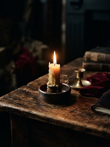 Low-key editorial photography of a beeswax candle burning on an ancient wooden table, deep shadows, rich gold and crimson accents, 35mm film grain, atmospheric chiaroscuro