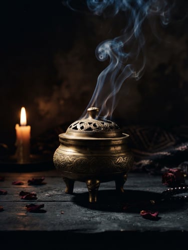 Chiaroscuro editorial photography of a heavy brass incense burner casting long shadows, warm candlelight, dark charcoal background, rich gold accents.