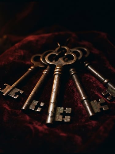 Low-key editorial photography of ancient heavy bronze keys resting on dark velvet, illuminated by warm dramatic candlelight, deep shadows, rich gold accents.