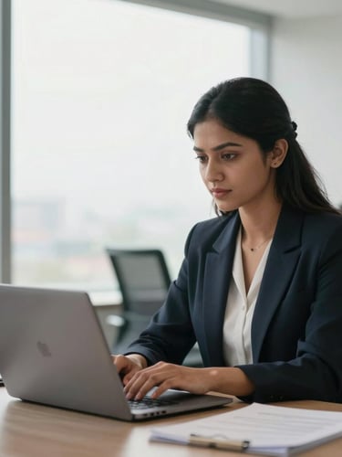 A professional young Assamese woman working on a laptop in a bright, modern Guwahati office space, natural window light, clean corporate setting, selective focus