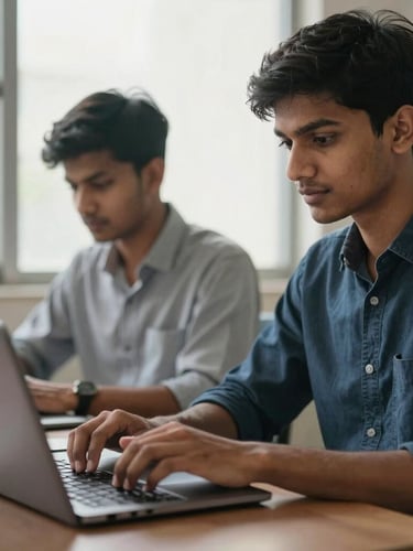 Professional local Assamese youth working on a laptop in a bright Guwahati office, natural window light, medium close-up