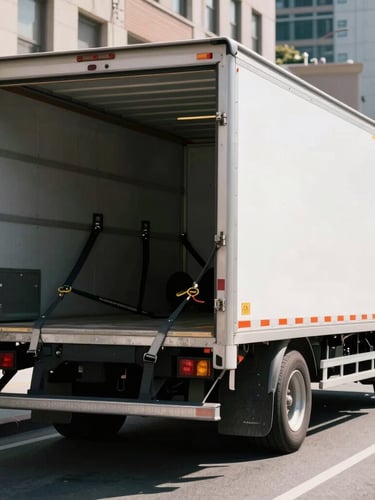 Wide-angle shot of a clean, branded moving truck on a city street, heavy-duty straps visible through the open back, bright high-contrast daylight