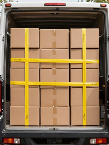 Straight-on functional shot of a clean, branded moving truck interior, neatly stacked uniform cardboard boxes secured with heavy-duty yellow tension straps under bright daylight.