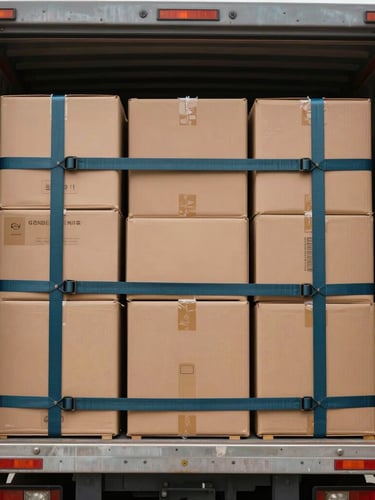 Straight-on shot of a heavy-duty transport truck cargo hold, cargo straps securing neatly stacked boxes