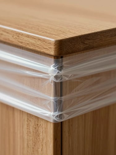 Close-up macro shot of heavy-duty tension plastic wrapping three layers deep around a wooden cabinet corner, bright daylight