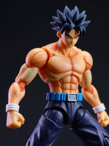 Macro shot of a high-end detailed anime action figure, dramatic side lighting, deep black background, vibrant colors, comic book cell shading style.