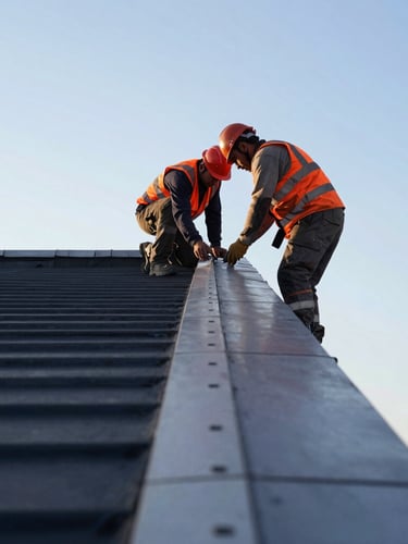A sharp low-angle shot of a clean roofline seam against a crisp morning sky, workers in high-visibility gear focusing on technical details, gritty industrial style