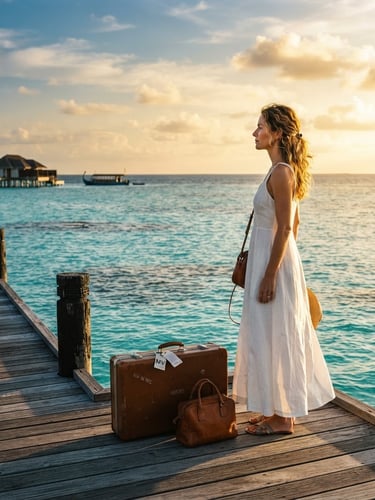 Wide environmental portrait of an elegant woman facing the turquoise sea in the Maldives, soft golden hour light, luxury travel luggage beside her on a wooden pier, high-contrast editorial photography